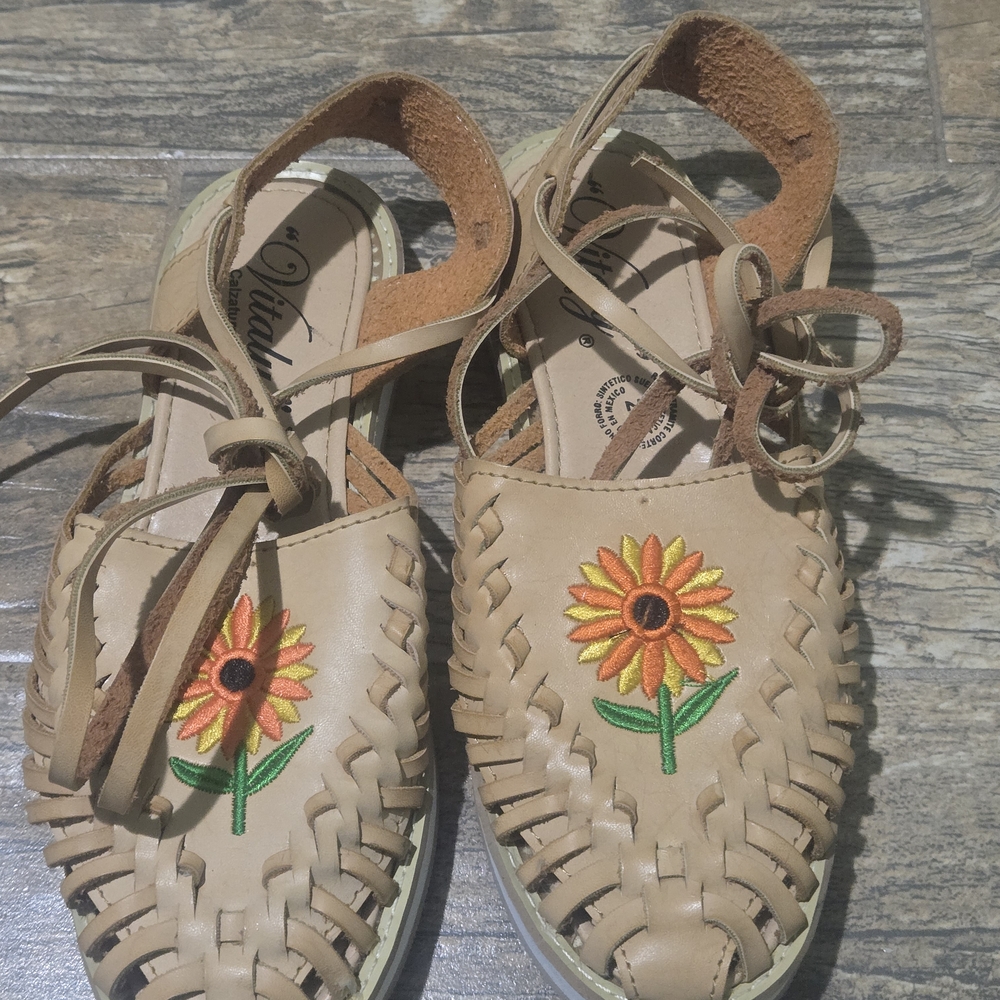 Mexican Leather Huaraches With Embroidered Sunflowers